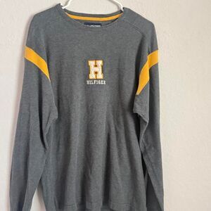 Tommy Hilfiger Athletics Gray Yellow Long Sleeve Logo Shirt Retro Sporty Sz L